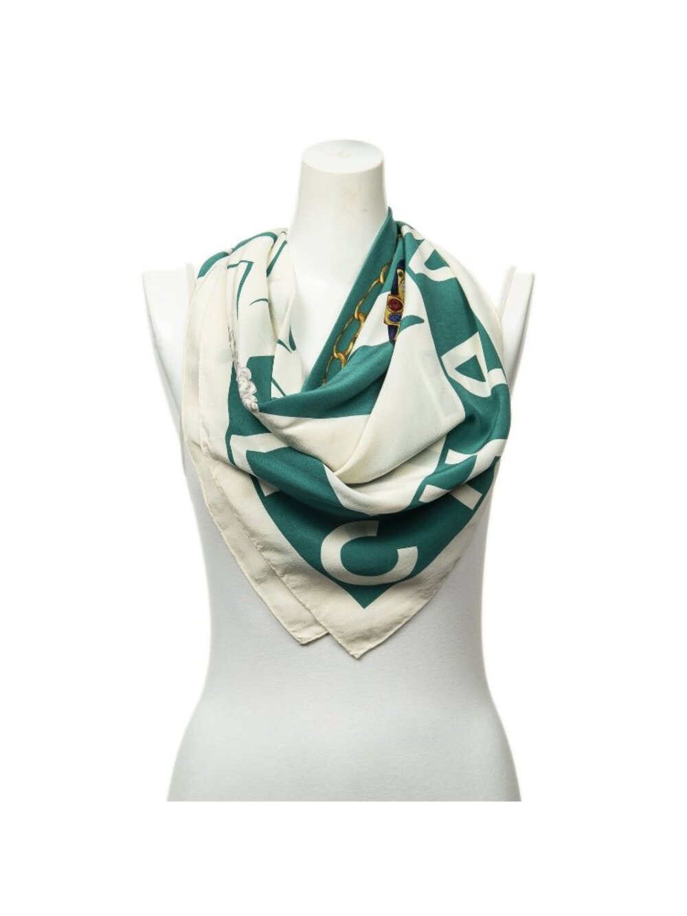 Chanel Scarf Green Ivory Gold Silk